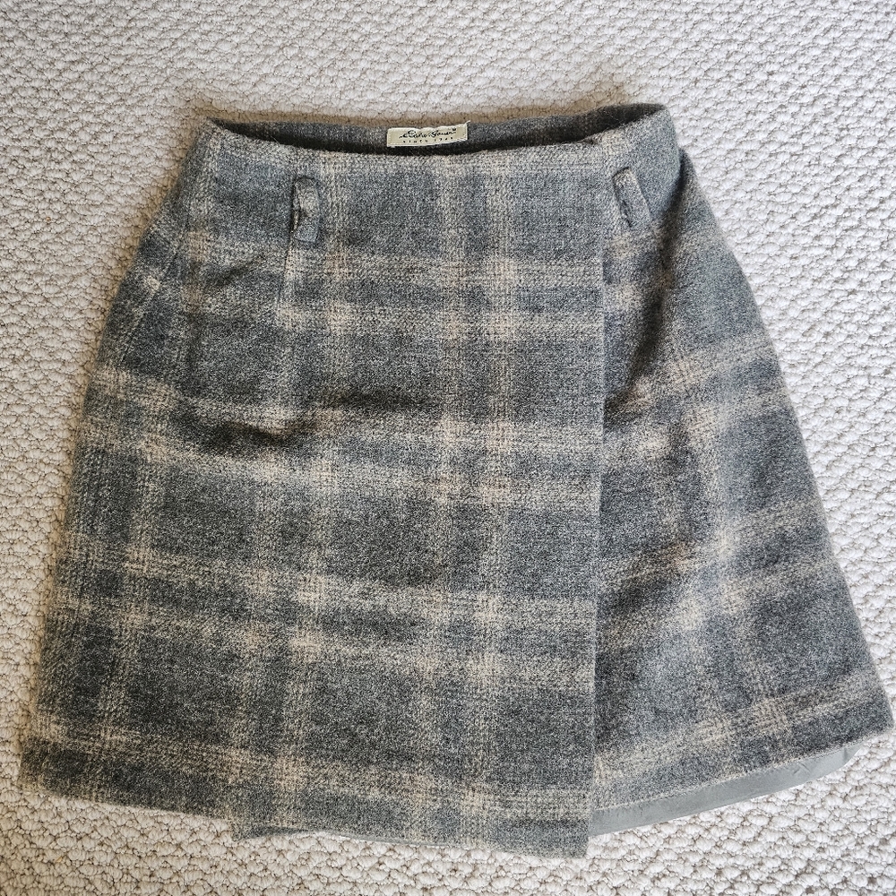 Vintage gray plaid wool wrap skirt Lined Eddie Bauer 8 Petite